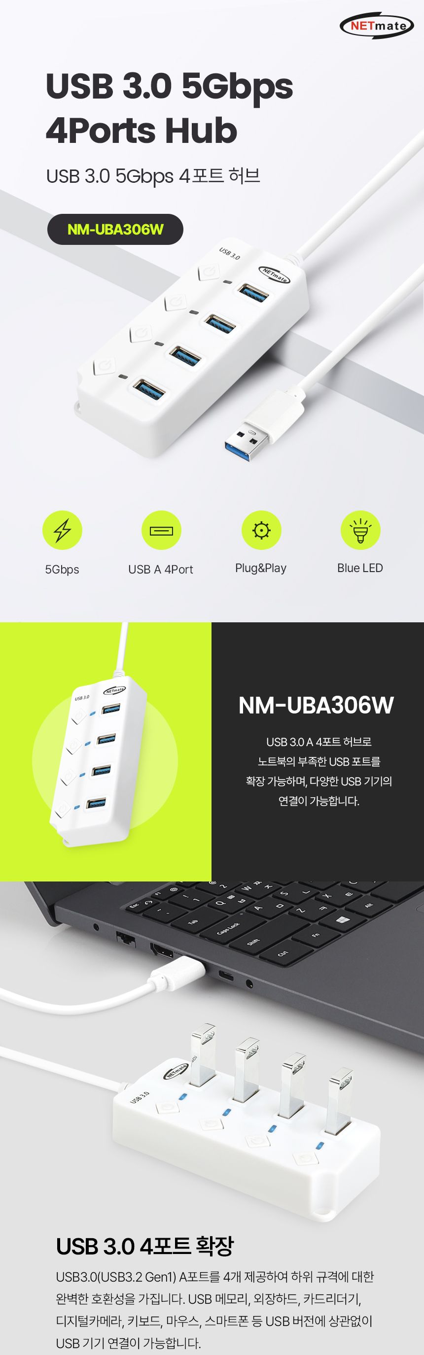 NETmate NM-UBA306W USB3.0 4포트 허브 (화이트)/무전원허브/USB30허브/7포트허브/4포트허브/4포트무전원허