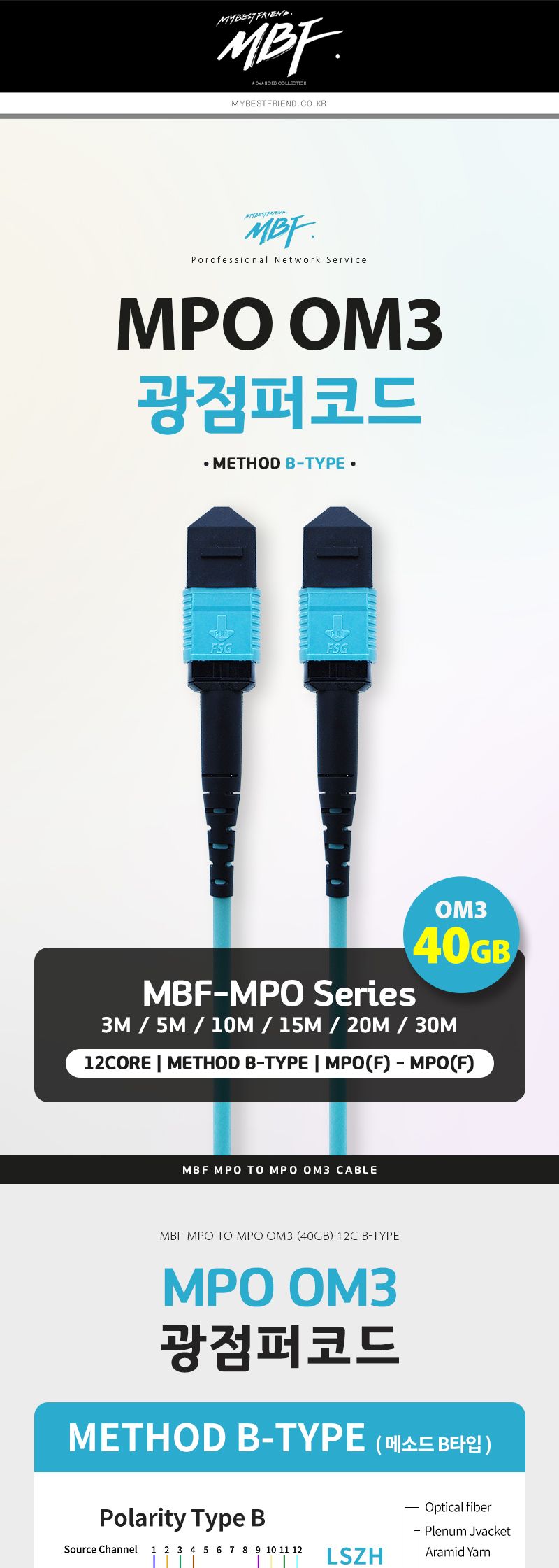 엠비에프 MPO(F) to MPO(F) 12C OM3 광점퍼코드 20M MBF-MPO320/네트워크장비/네트워크선/광패치코드/광네