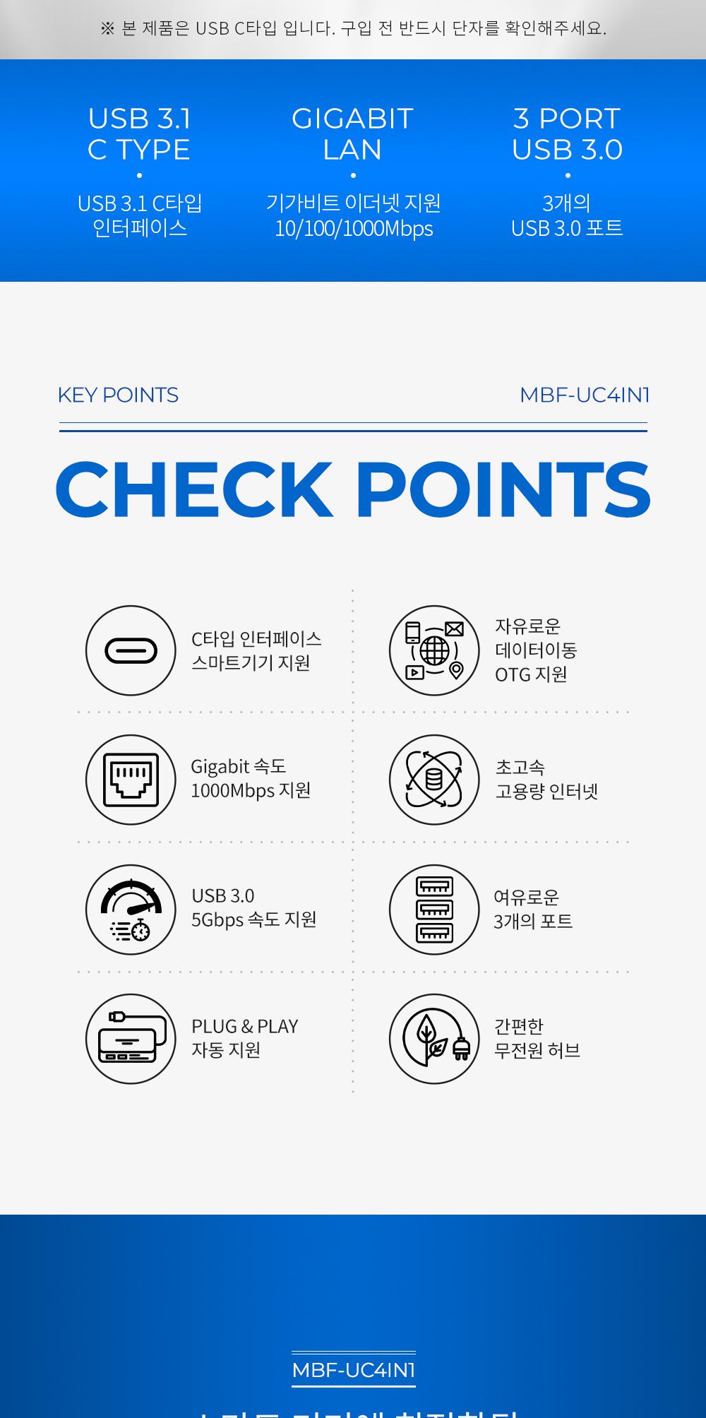 엠비에프 USB 3.1 C타입 to 3포트 허브 겸용 기가비트 유선 랜카드 MBF-UC4IN1/USB20랜카드/USB20유선랜카