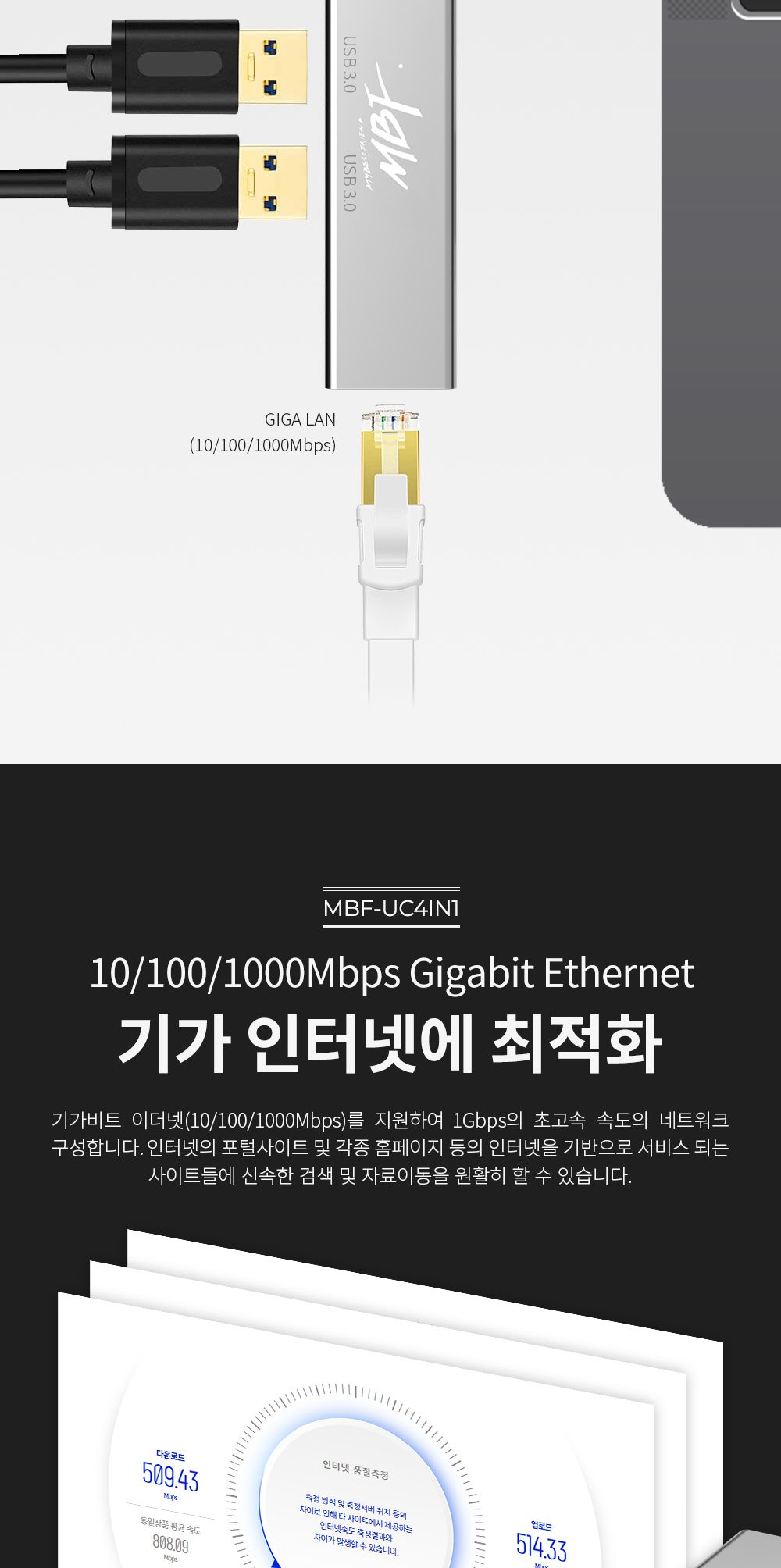 엠비에프 USB 3.1 C타입 to 3포트 허브 겸용 기가비트 유선 랜카드 MBF-UC4IN1/USB20랜카드/USB20유선랜카