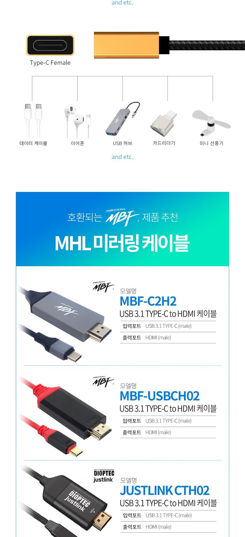 엠비에프 USB 3.1 GEN2 CM-CF 연장 CABLE 0.3M MBF-U31MF-03/C타입케이블/연장케이블/데이터전송/USB타입케