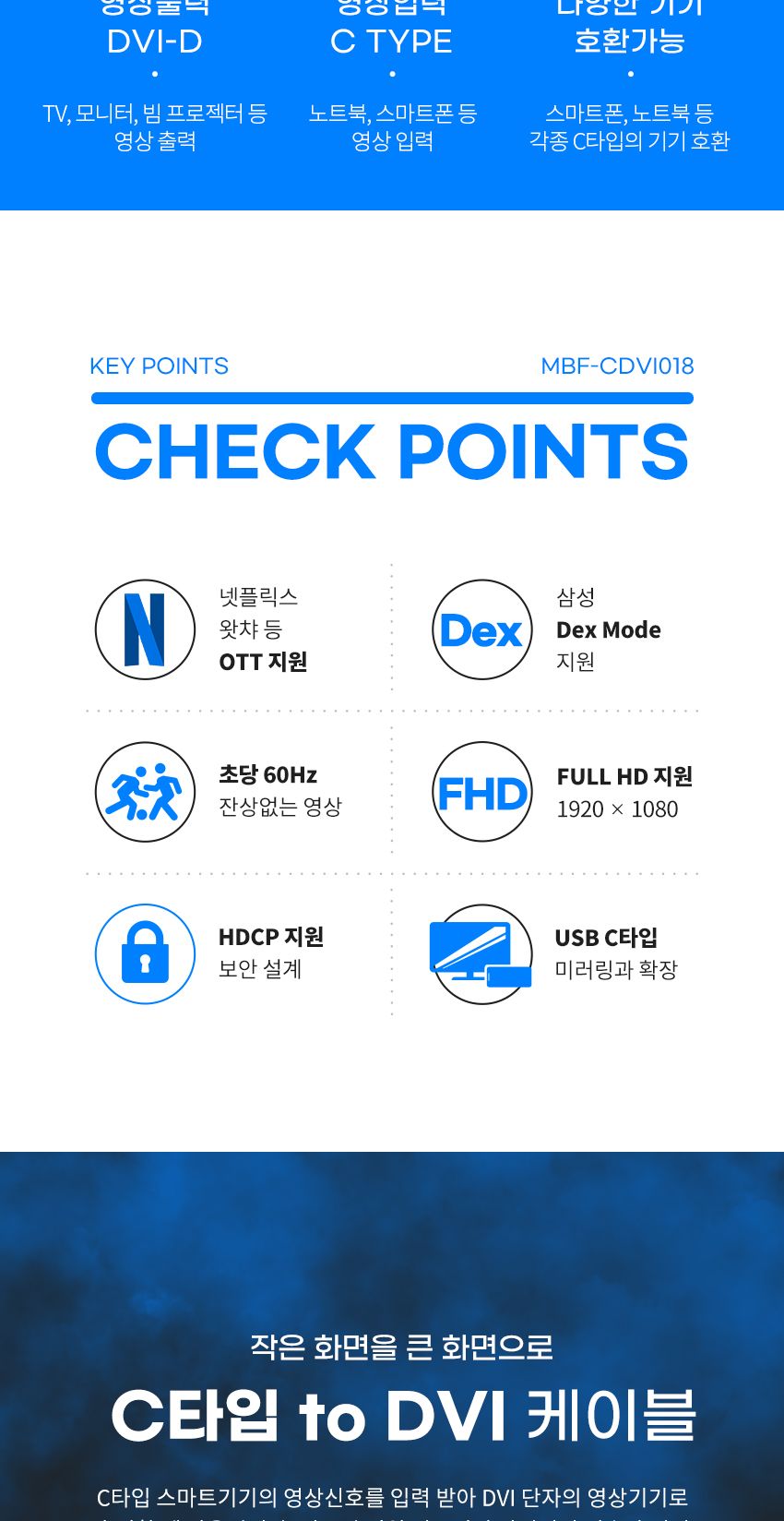 엠비에프 C타입 to DVI-D 미러링 컨버터 케이블 1.8m/DVID미러링컨버터케이블/DVID컨버터케이블/DVID케이블