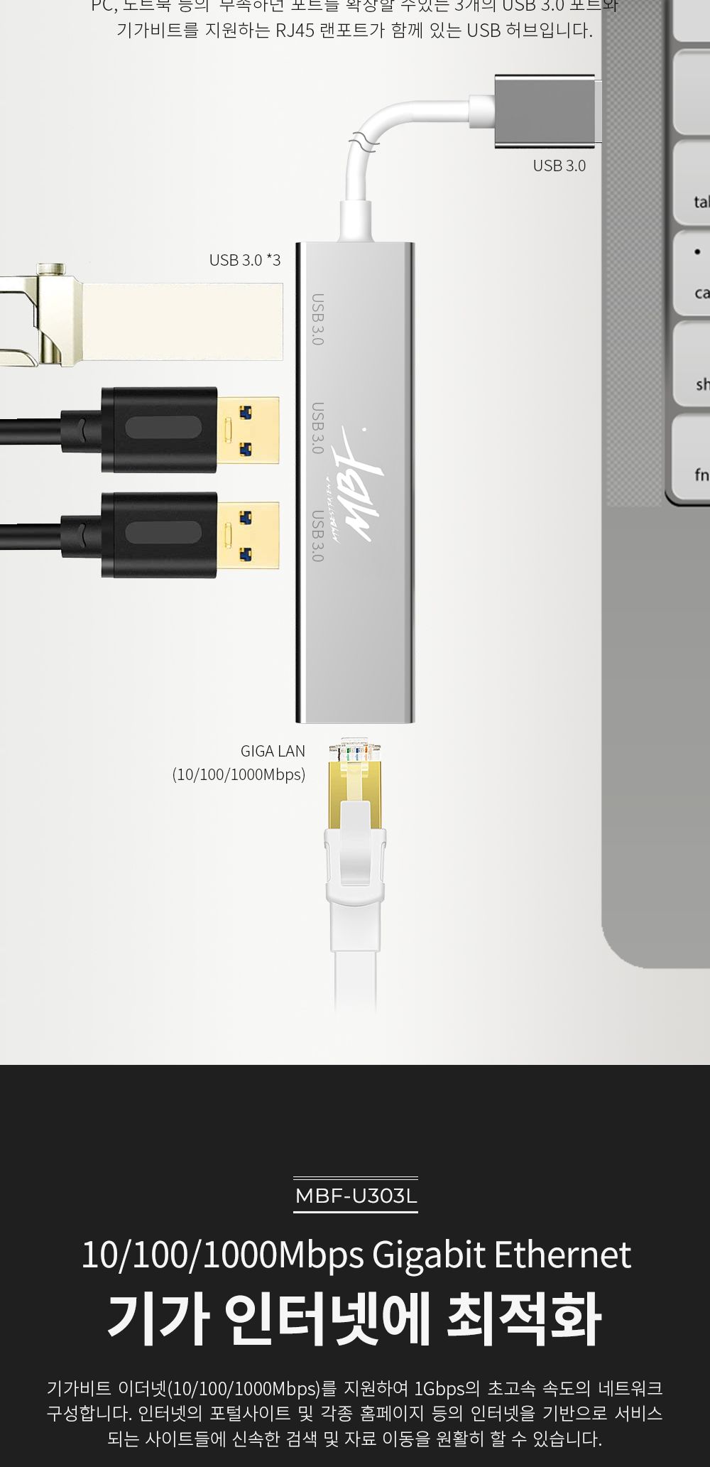 엠비에프 USB 3.0 A to 3포트 허브 겸용 기가비트 유선 랜카드 MBF-U303L/USB20랜카드/USB20유선랜카드/랜