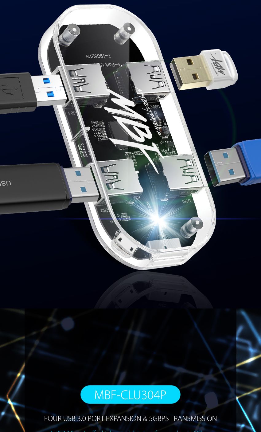 엠비에프 MBF-CLU304P USB3.0 4포트 허브 투명/멀티허브/USB304포트허브/스마트USB허브/USB4포트허브/USB충