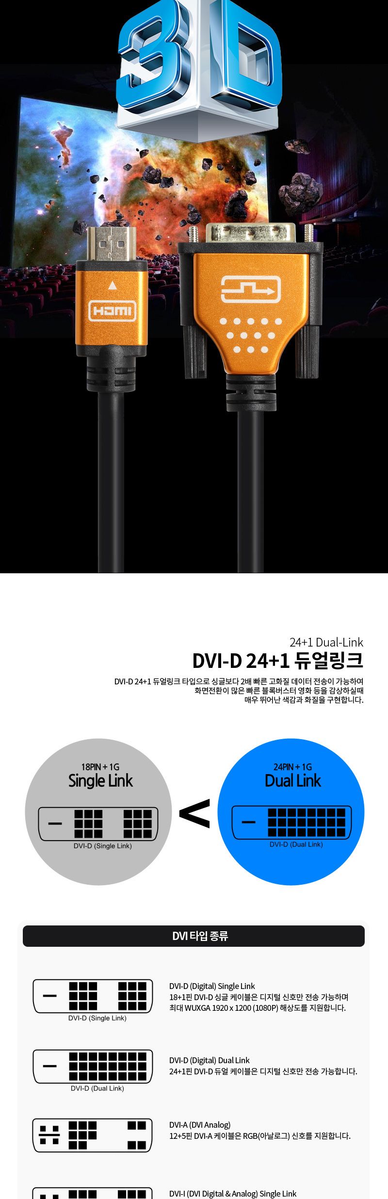 엠비에프 HDMI to DVI 듀얼 골드 케이블 1M MBF-DMHMG001/HDMI케이블/케이블HDMI/DVI케이블/모니터케이블/H