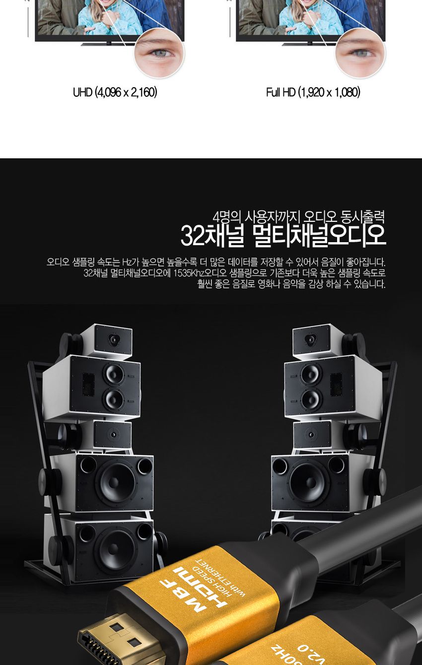 엠비에프 GOLD HDMI 2.0 케이블 2M 골드슬림 단자 MBF-GSH2020/HDMI20케이블/HDMI케이블/연결케이블/영상케