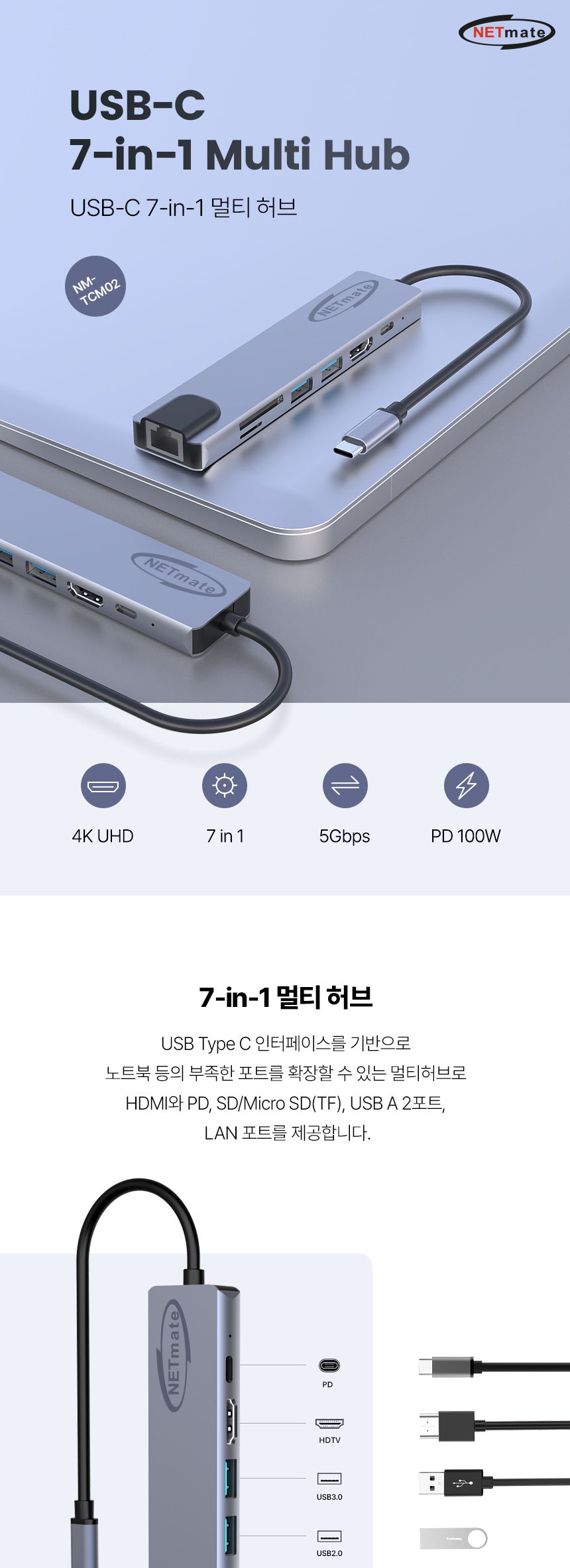 NETmate NM-TCM02 USB Type C 7 in 1 멀티 허브/멀티허브/스마트USB허브/USBTYPEC7IN1허브/USB충전포트/USB