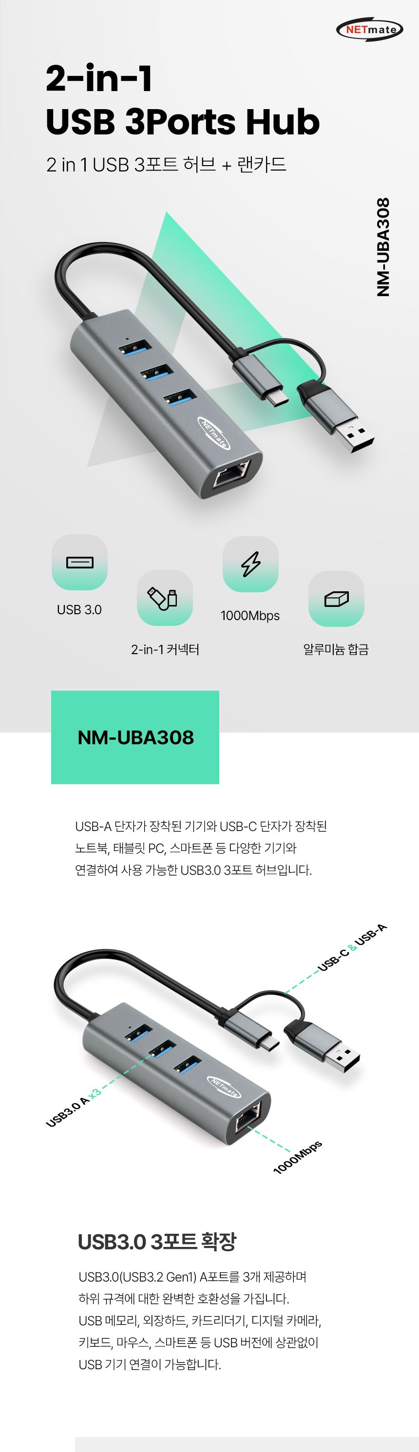NETmate NM-UBA308 2in1 USB 3포트 허브 랜카드/랜카드/USB3포트허브랜카드/3포트허브랜카드/유선랜카드/LA