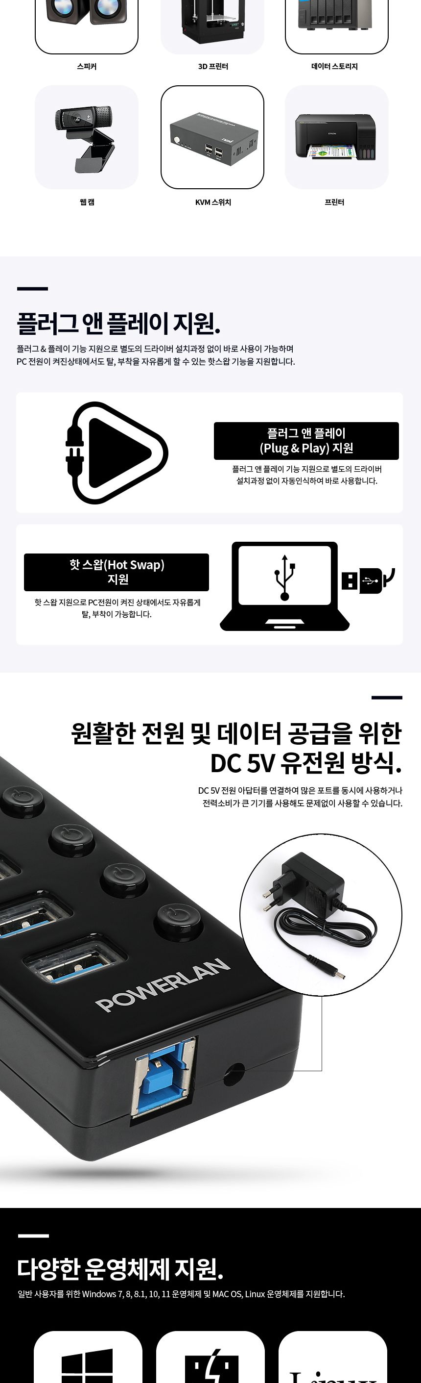 파워랜 USB3.0 허브 4포트 유전원타입 (PL551 PL-UH304P)/허브/파워랜허브/USB허브/허브USB/4포트허브/허브