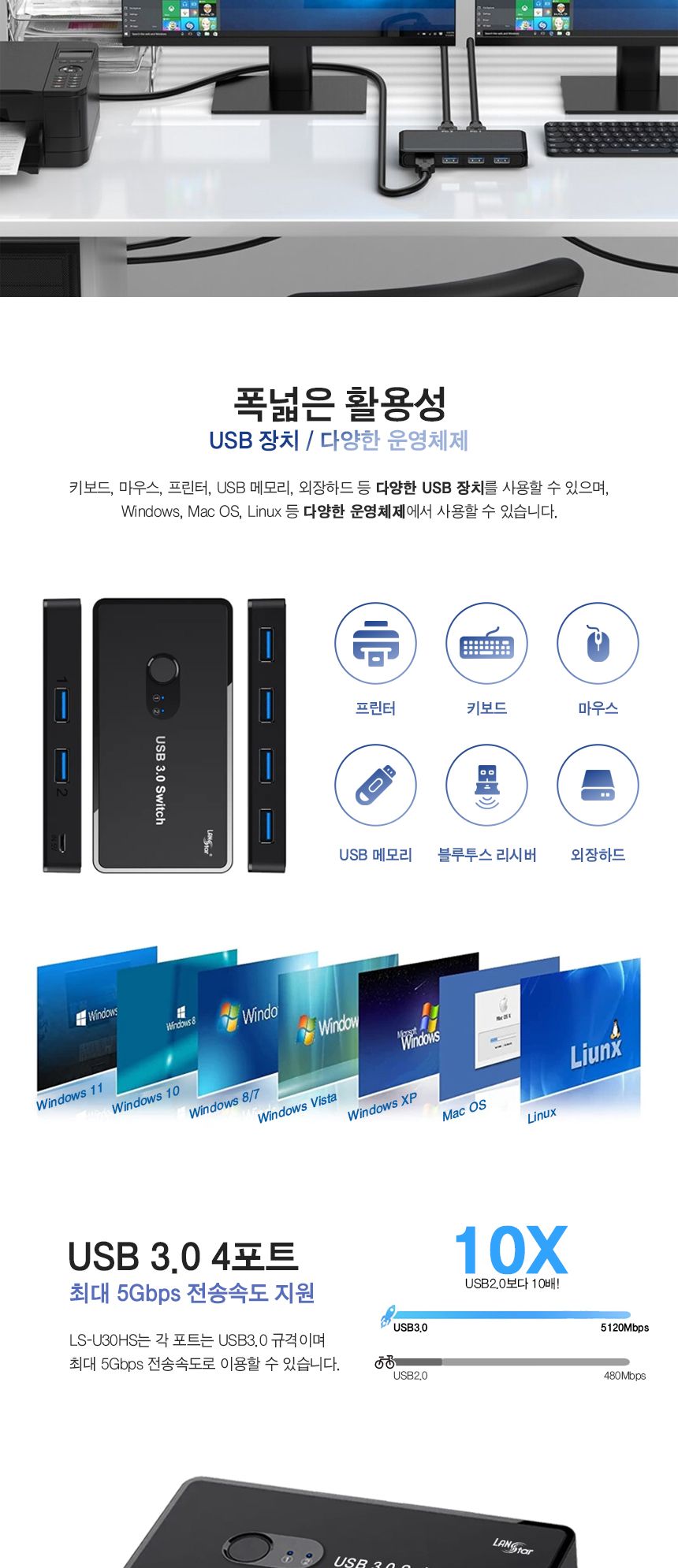 USB3.0 허브 4포트 투컴 선택기 (30725)/선택기/허브선택기/허브4포트선택기/4포트선택기/투컴선택기/허브