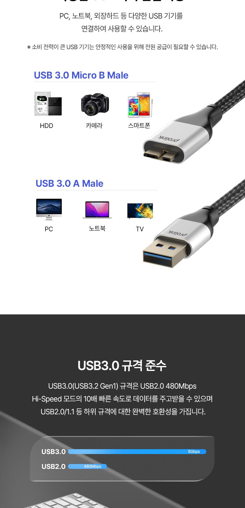 프로링크 USB3.0 AM-MicroB 케이블 3m (PF458G-0300)/USB케이블/USB용품/USB데이터케이블/데이터케이블/컴