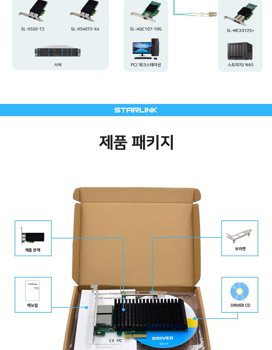 스타링크 PCIe 인텔 X540-T2 칩셋 듀얼포트 10G 랜카드 SL-X540T2-X4/X540T2칩셋듀얼포트랜카드/듀얼포트랜