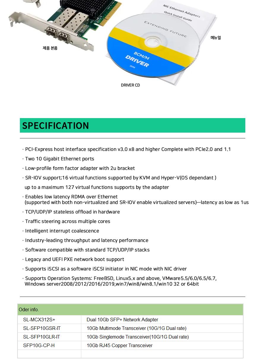 스타링크 PCIe 멜라녹스 ConnectX-3 칩셋 듀얼포트 SFP+ 카드 SL-MCX312S+/듀얼포트SFP카드/SFP카드/PCIE/P