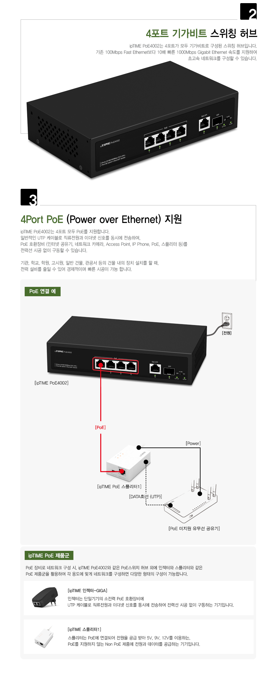 ipTIME POE4002 기가비트 4포트 POE지원 스위칭허브/4포트스위칭허브/POE지원스위칭허브/기가비트POE지원스