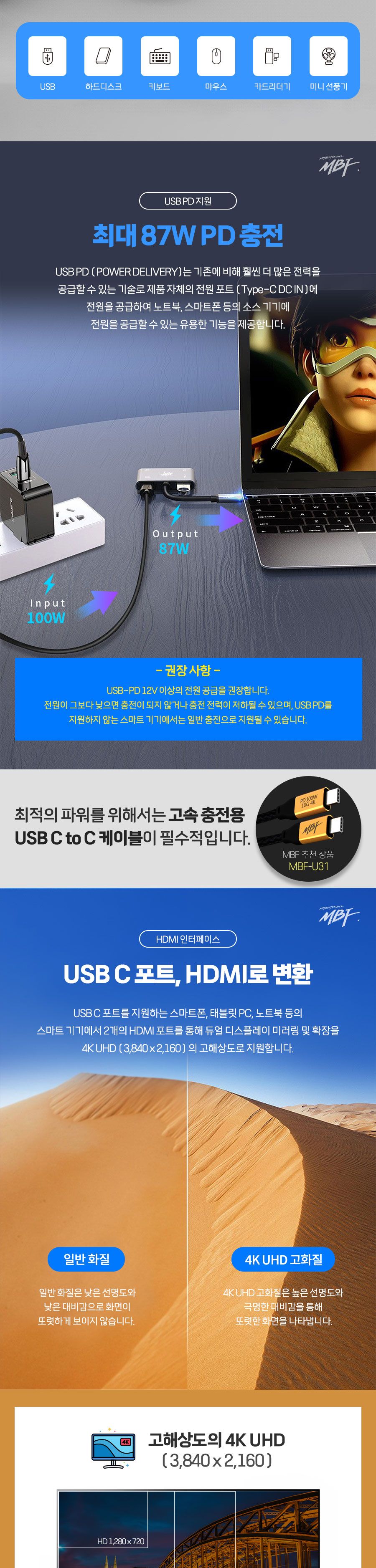 엠비에프 USB Type C to HDMI 듀얼 디스플레이 모니터 확장 컨버터 MBF-CDHD4K/모니터확장/디스플레이확장/