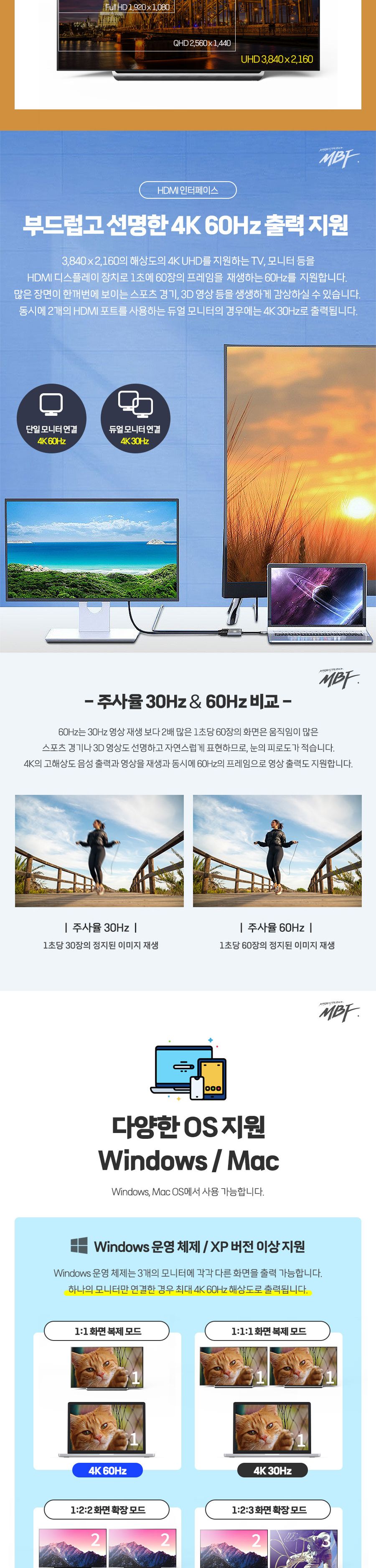 엠비에프 USB Type C to HDMI 듀얼 디스플레이 모니터 확장 컨버터 MBF-CDHD4K/모니터확장/디스플레이확장/