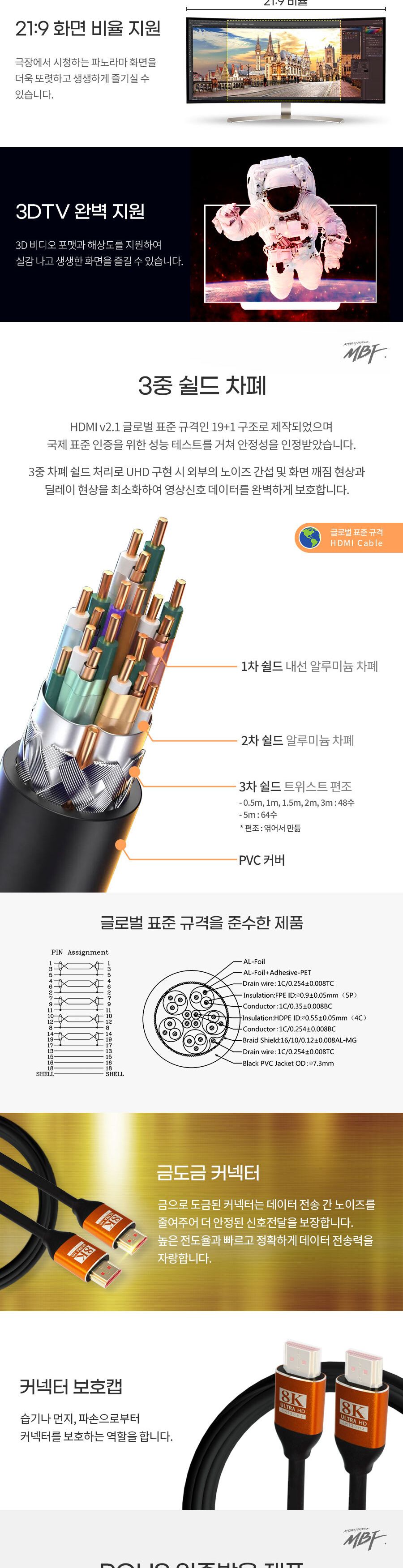 엠비에프 ULTRA HDMI 2.1 8K 슬림 골드케이블 0.5M MBF-SGHD21005/케이블/HDMI케이블/연장케이블/데이터전