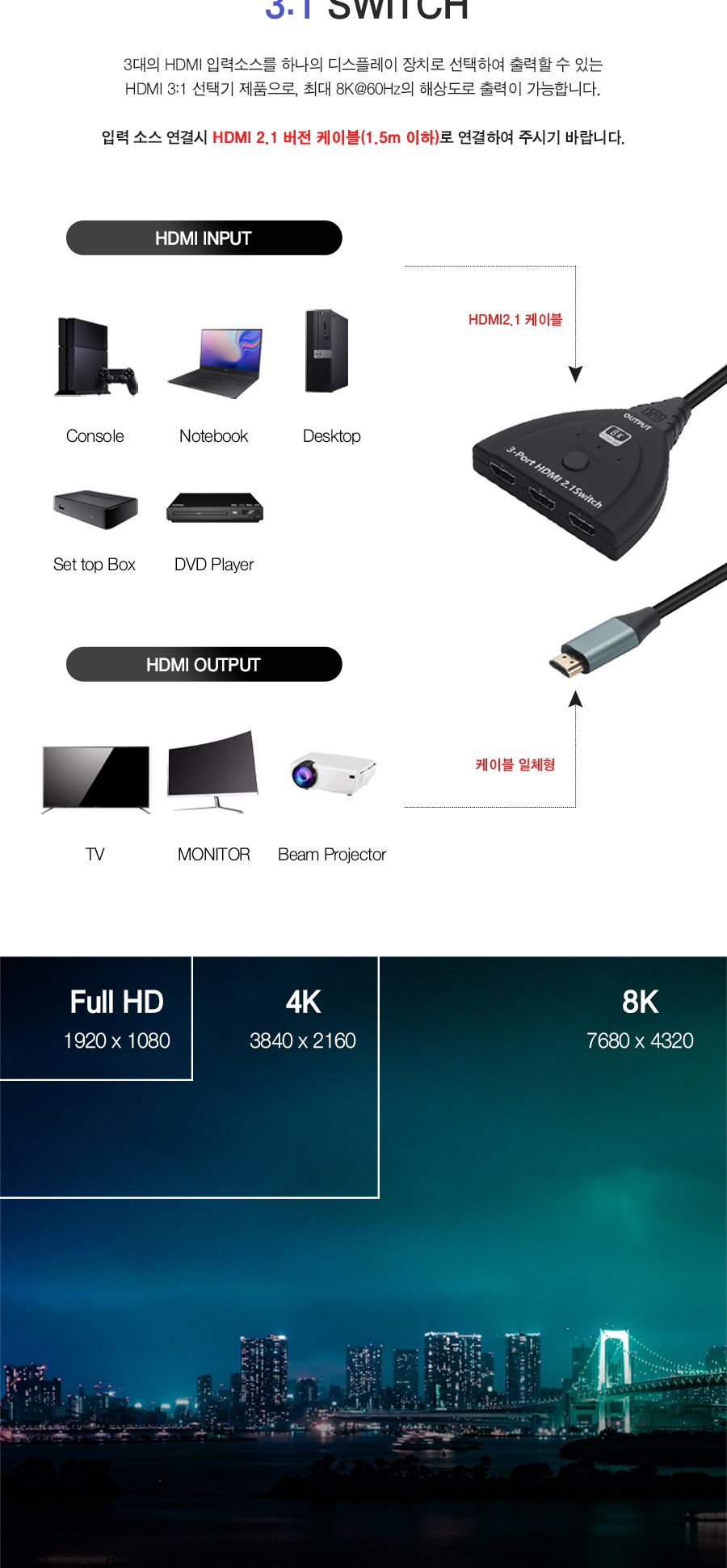 HDMI 3:1 선택기. HDMI2.1버전 케이블 타입 (30747)/케이블/HDMI케이블/연장케이블/데이터전송/모니터케이