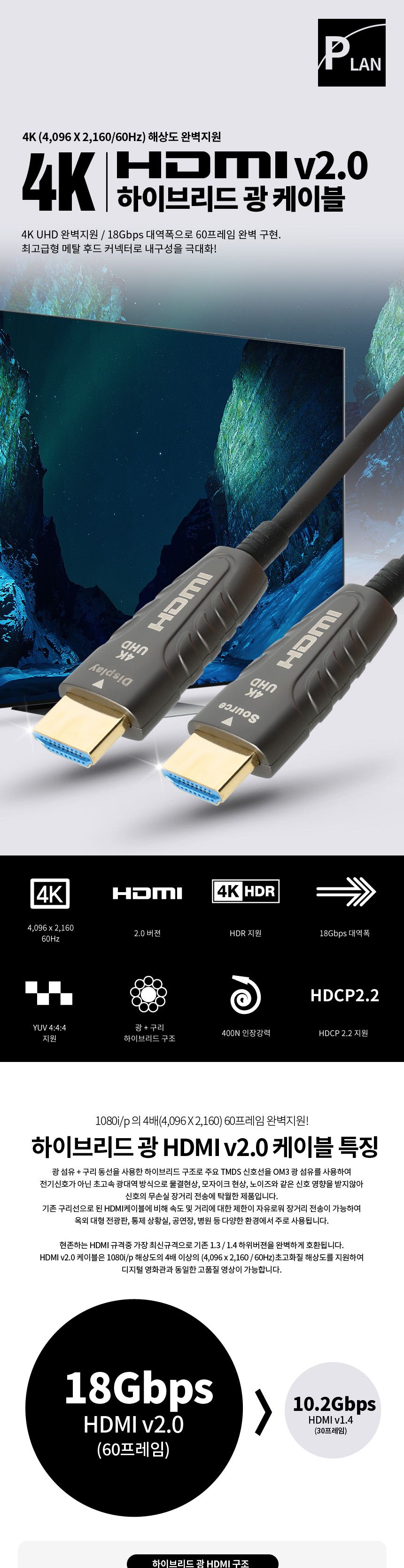 파워랜 PL065 HDMI 2.0 AOC 광케이블 50m PL-HAOC2050/케이블/HDMI케이블/연장케이블/데이터전송/모니터케