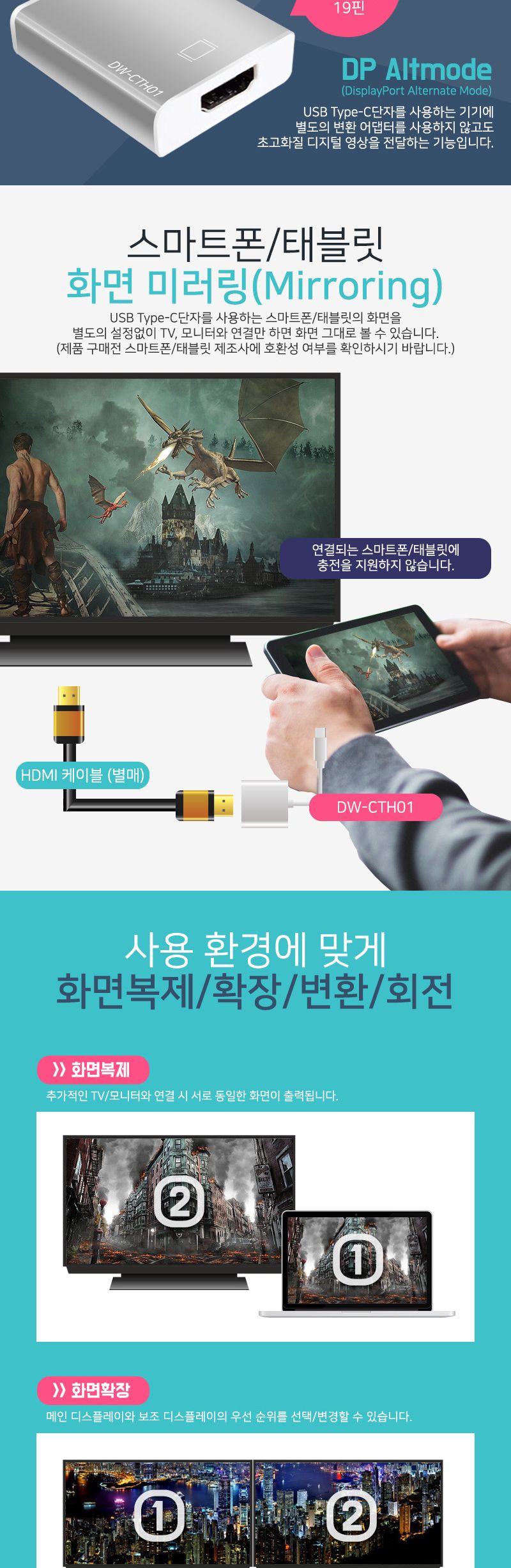 (대원TMT) C타입 to HDMI 컨버터 (DW-CTH01)/C타입컨버터/컨버터C타입/HDMI컨버터/컨버터HDMI/컨버터선/컨