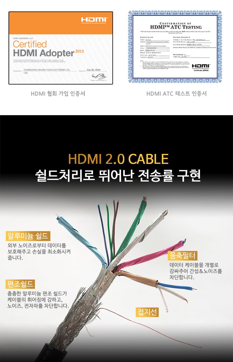(대원TMT) 대원티엠티 HDMI 공식인증 2.0 케이블 20M 골드메탈 4K (DW-HDMI20-20M)/케이블/HDMI케이블/연장