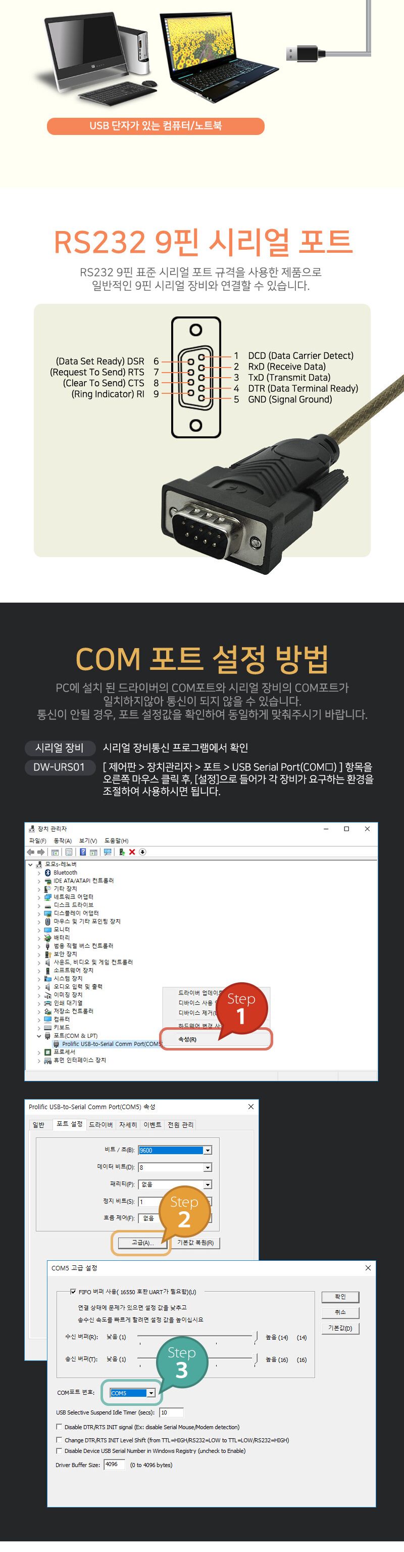 (대원TMT) USB 2.0 to RS232 변환 케이블 1.5M (DW-URS01)/컴퓨터케이블/PC케이블/변환케이블/컴퓨터변환케