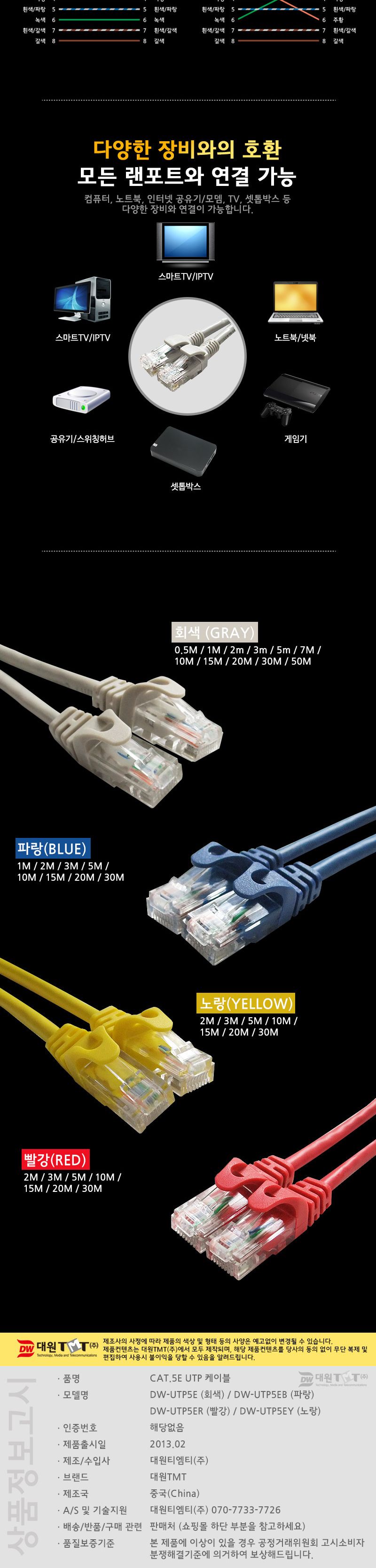 (대원TMT) 대원티엠티 CAT.5E UTP 24AWG 랜 케이블 20M 회색 (DW-UTP5E-20M)/랜케이블/LAN케이블/케이블선/