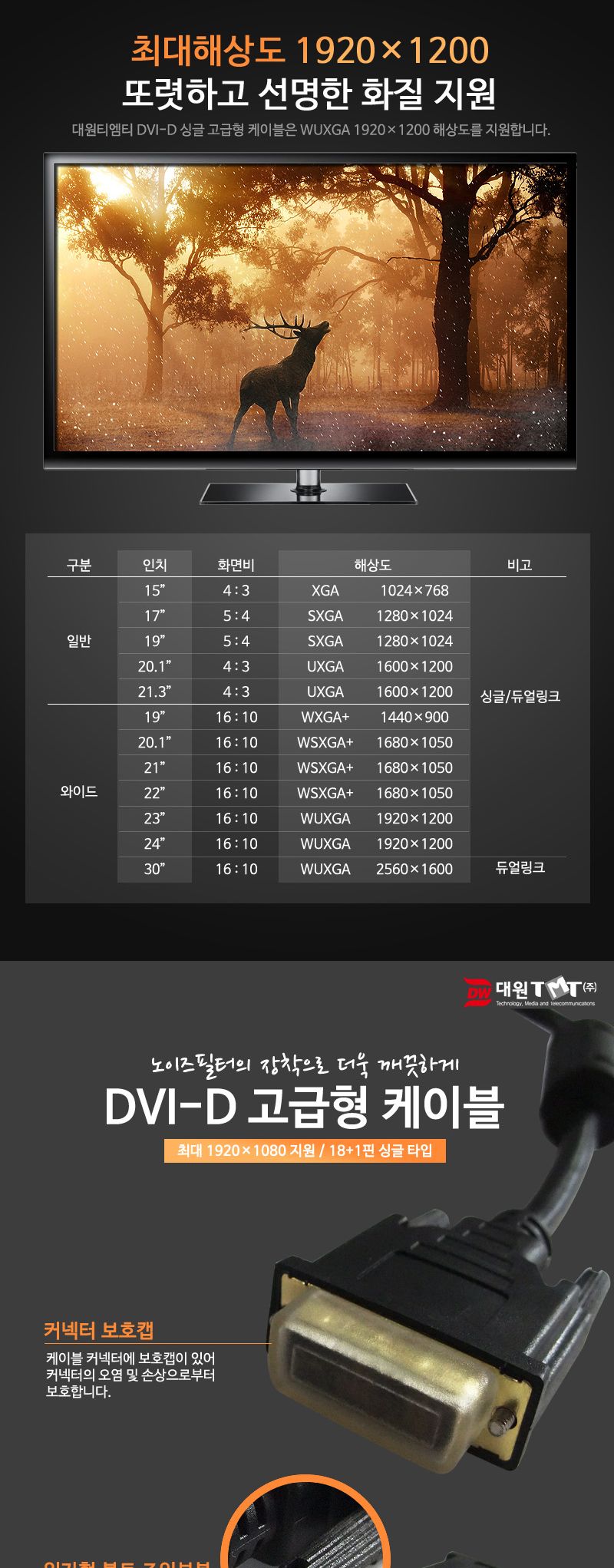 (대원TMT) 대원티엠티 DVI-D 싱글 케이블 2M (고급형) (DW-DVIH-2M)/케이블/모니터케이블/컴퓨터모니터케이