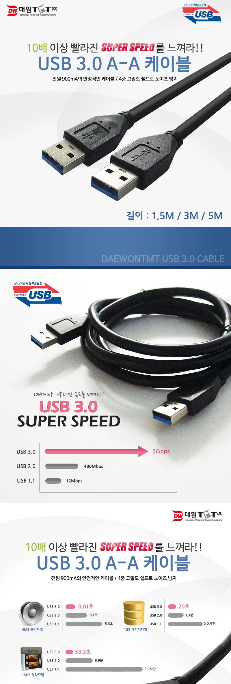 (대원TMT) 대원티엠티 USB 3.0 AM-AM 케이블 5M 검정 (DW-USB3AA-5M)/케이블/데이터케이블/USB케이블/USB데