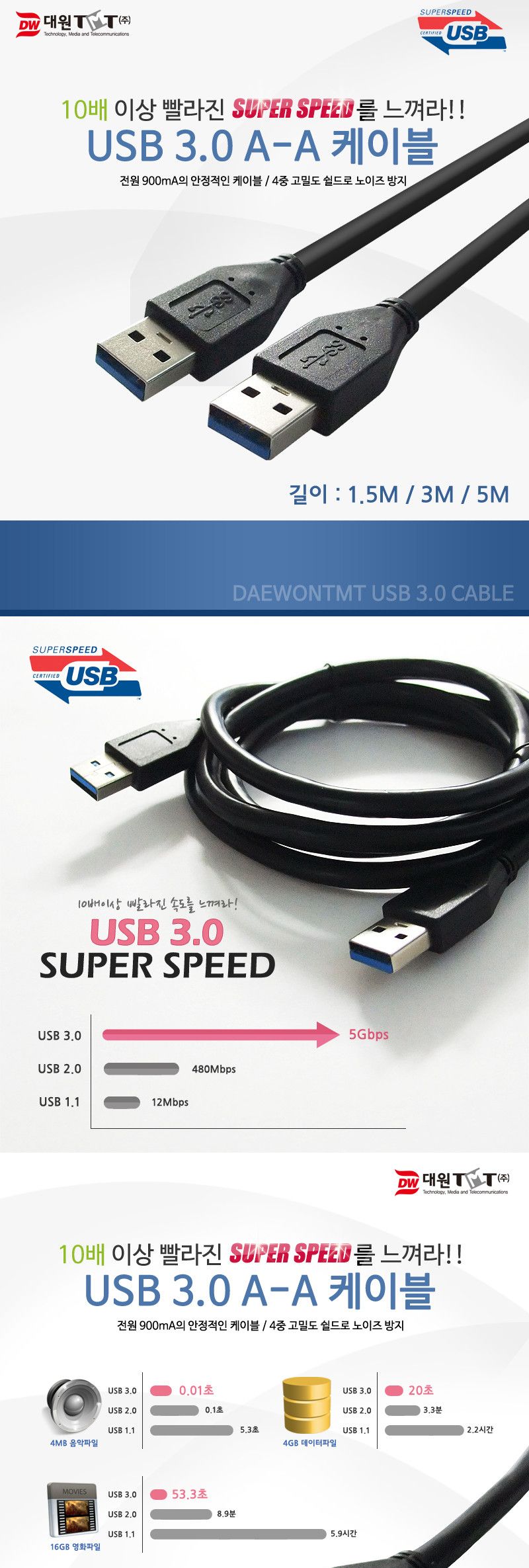 (대원TMT) 대원티엠티 USB 3.0 AM-AM 케이블 3M 검정 (DW-USB3AA-3M)/케이블/데이터케이블/USB케이블/USB데