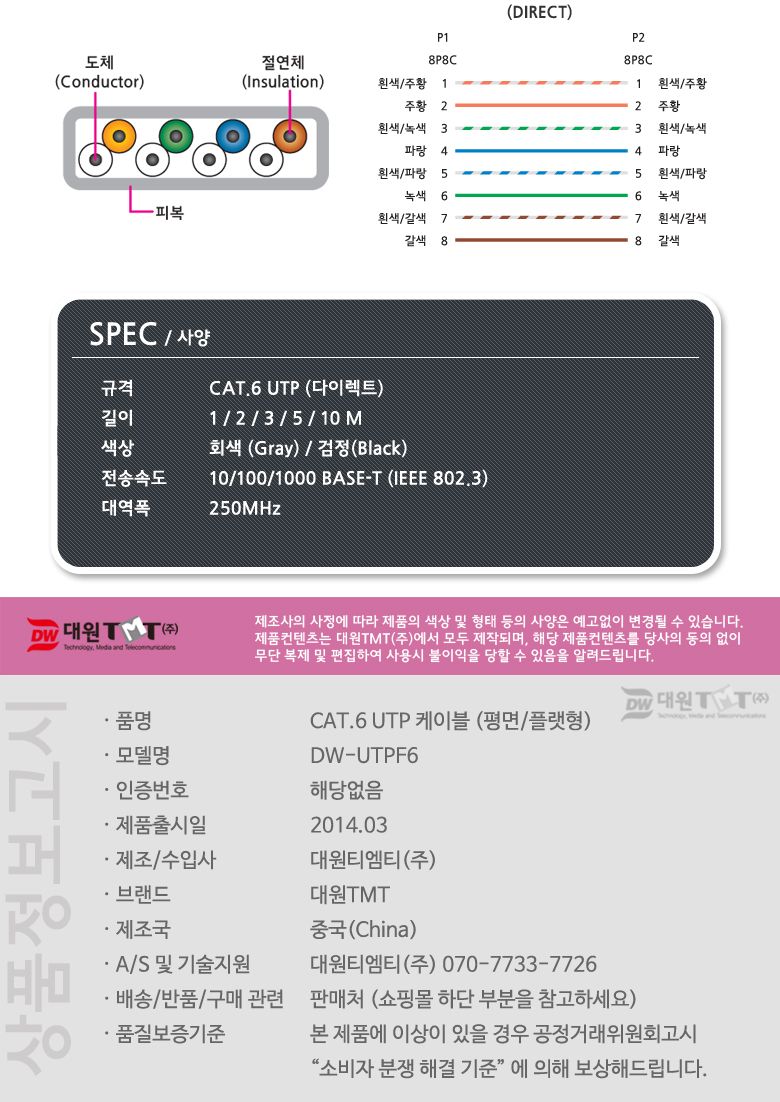 (대원TMT) 대원티엠티 CAT.6 UTP 기가 평면 랜 케이블 3M 회색 (DW-UTPF6-3M)/랜케이블/LAN케이블/케이블선