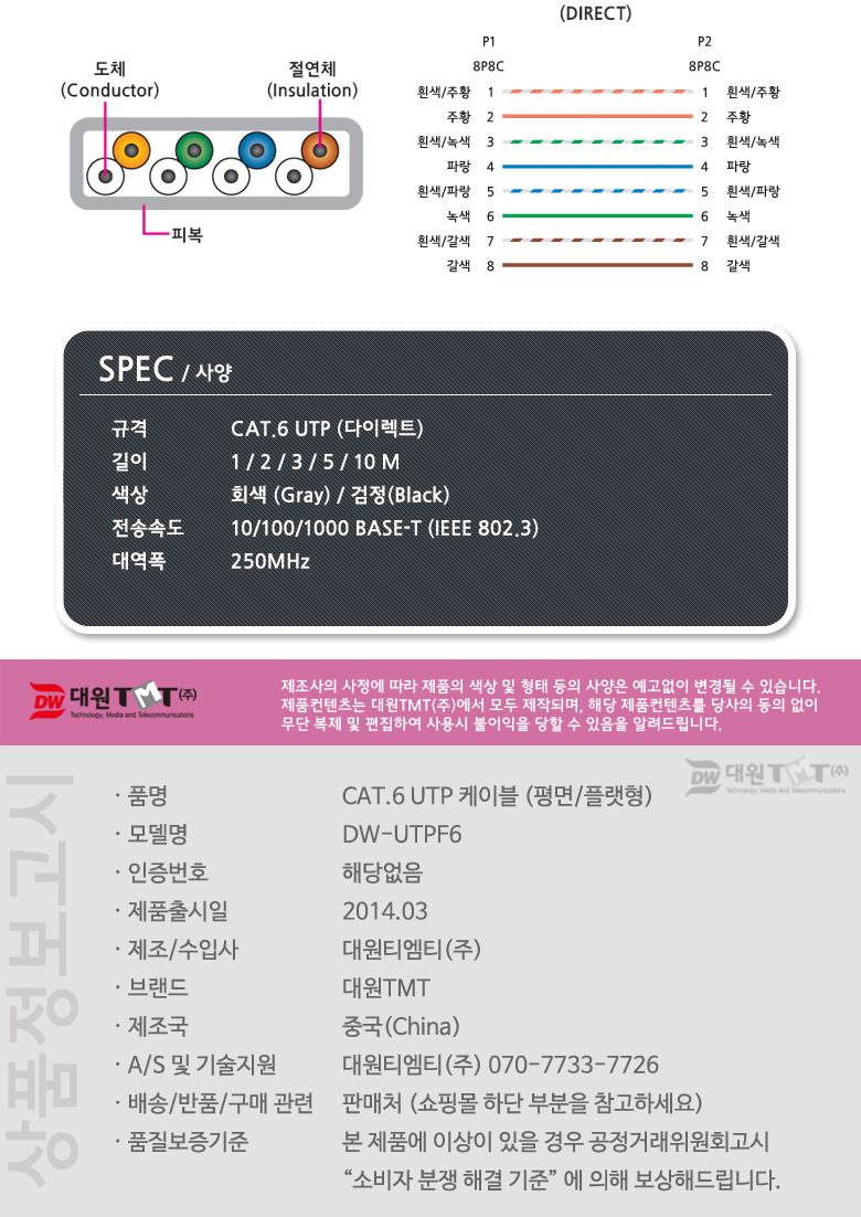 (대원TMT) 대원티엠티 CAT.6 UTP 기가 평면 랜 케이블 10M 검정 (DW-UTPF6BK-10M)/랜케이블/LAN케이블/케이