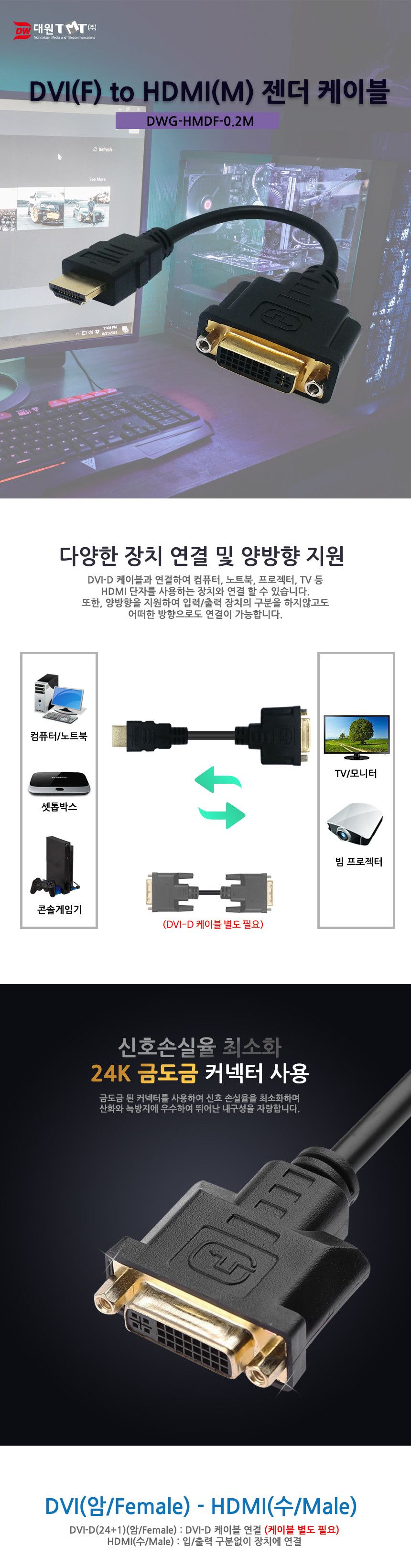 (대원TMT) DVI(24+1)-HDMI F M 변환 젠더 0.2M (DWG-HMDF-0.2M)/FM변환젠더/FM젠더/블랙변환젠더/블랙젠더/