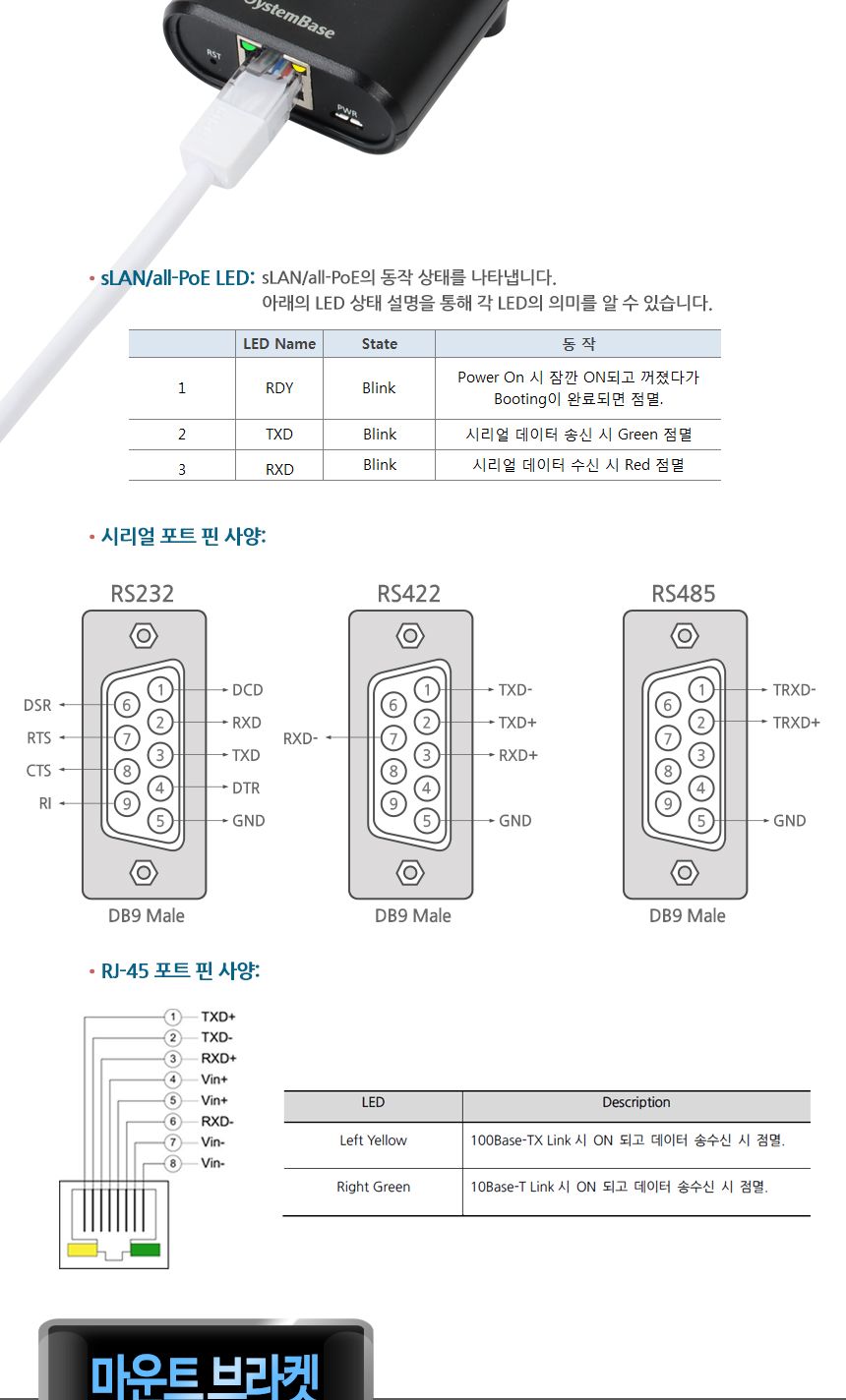 시스템베이스 SLAN all-POE RS232 RS422 RS485 to LAN-PoE 컨버터/산업용컨버터/유선게이트웨이컨버터/초소