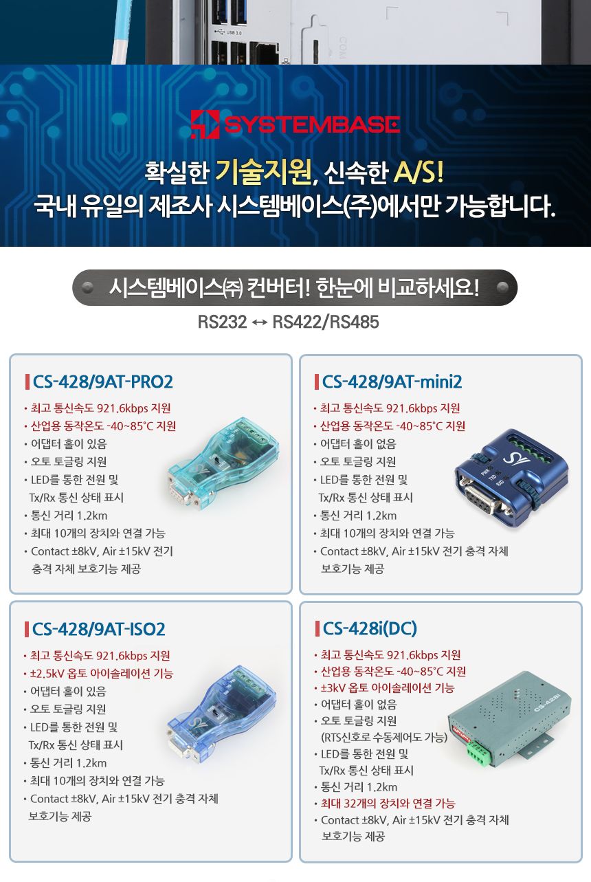 시스템베이스 CS-428 9AT-mini2 RS232 TO RS422 485 컨버터/초소형컨버터/산업용컨버터/오토토글링컨버터/