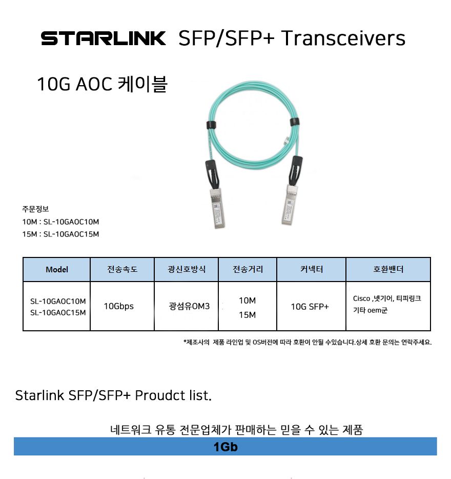 스타링크 10Gb Aqua SFP+ AOC 10G 케이블 15M SL-10GAOC15M/AOC케이블/10G케이블/광케이블/전송케이블/광링