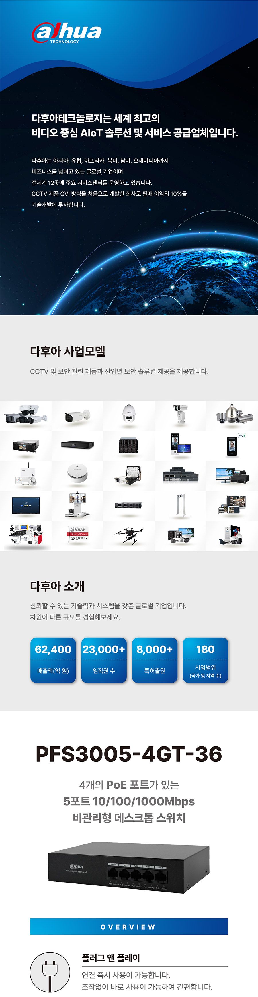 다후아 PFS3005-4GT-36 5포트 기가비트 스위칭허브 PoE지원/스위칭허브/네트워크허브/인터넷연결허브/랜선