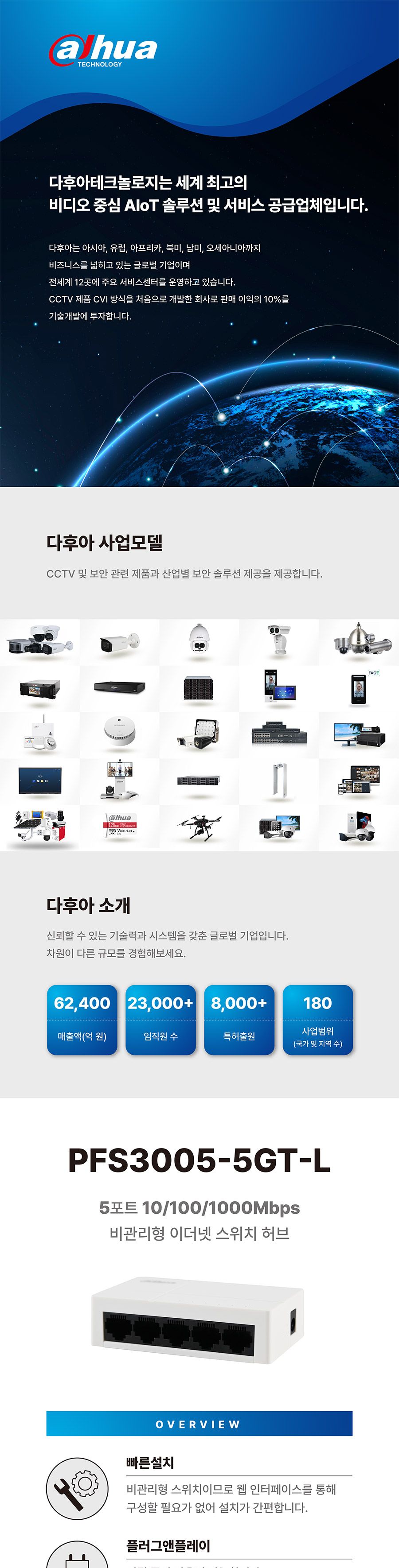 다후아 PFS3005-5GT-L 5포트 기가비트 스위칭허브/스위칭허브/네트워크허브/인터넷연결허브/랜선허브/랜허