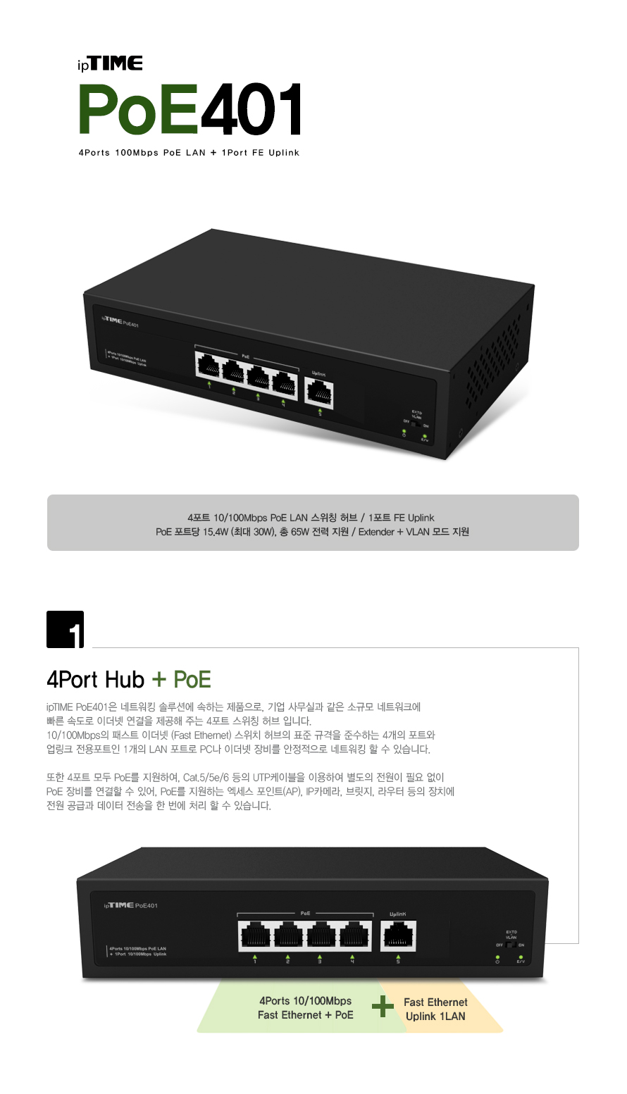 ipTIME POE401 POE 스위칭허브 4포트 POE 65W 1포트/POE스위칭허브/POE4포트스위칭허브/4포트스위칭허브/포