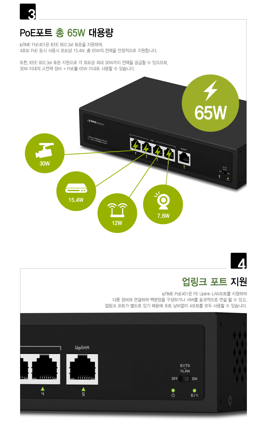ipTIME POE401 POE 스위칭허브 4포트 POE 65W 1포트/POE스위칭허브/POE4포트스위칭허브/4포트스위칭허브/포