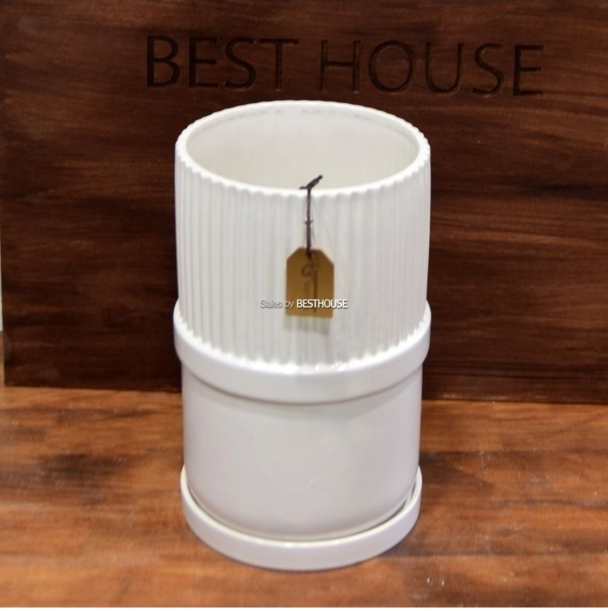 모던 도기 화분 상단세로줄 원형 15x25cm 화이트유광/원형화분/상단세로줄화분/도기화분/도자기화분장식화