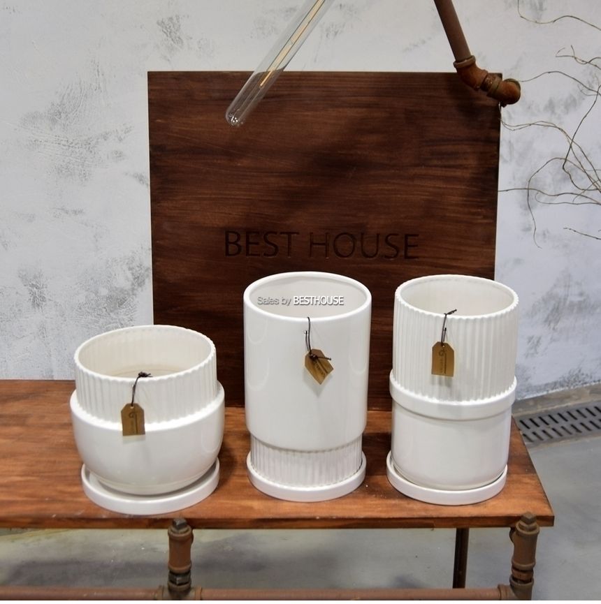 모던 도기 화분 상단세로줄 원형 15x25cm 화이트유광/원형화분/상단세로줄화분/도기화분/도자기화분장식화