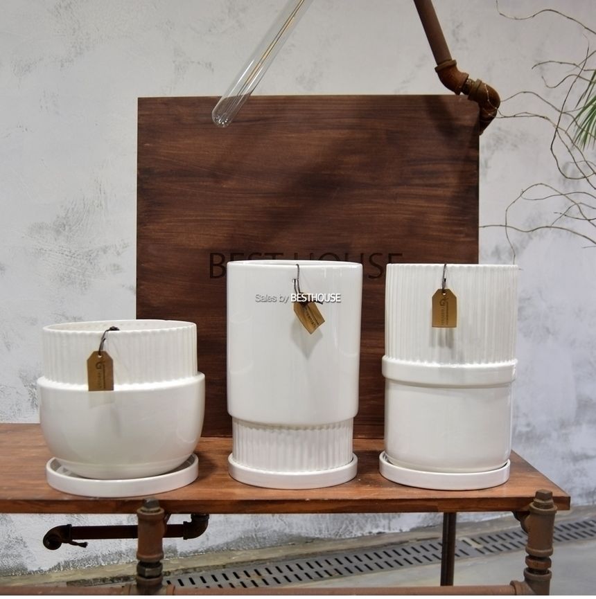 모던 도기 화분 상단세로줄 원형 15x25cm 화이트유광/원형화분/상단세로줄화분/도기화분/도자기화분장식화