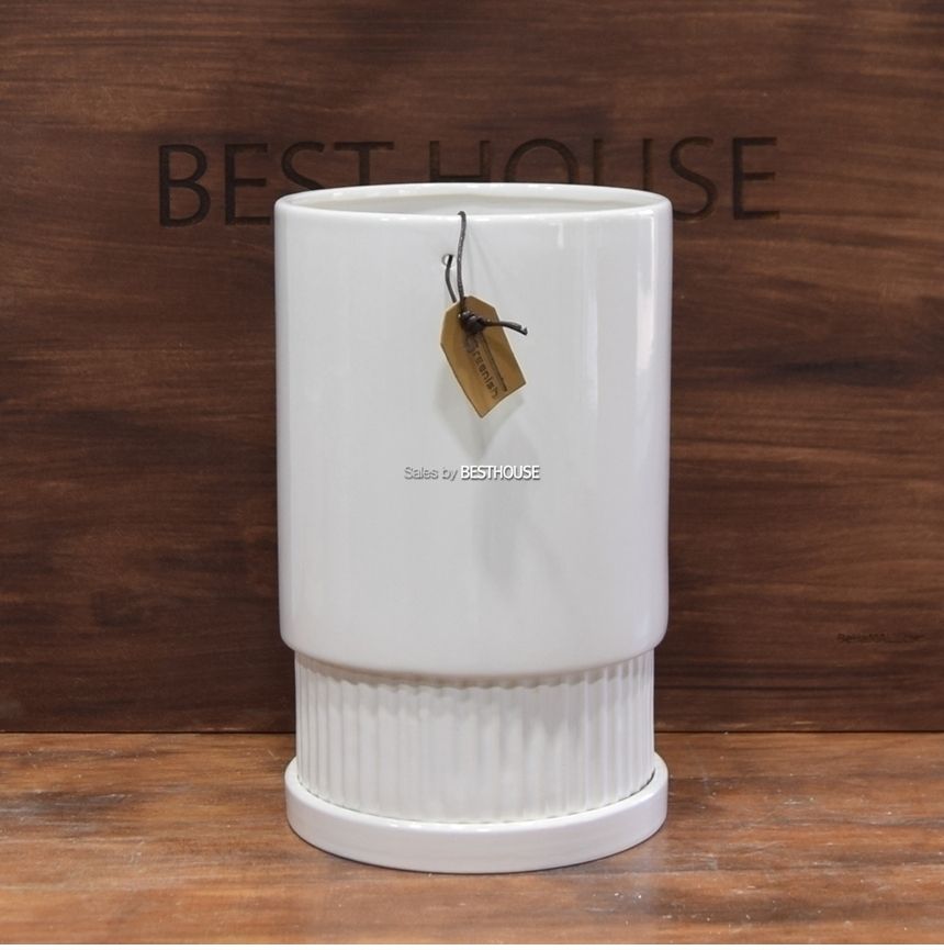 모던 도기 화분 하단세로줄 원형 16x26cm 화이트유광/원형화분/하단세로줄화분/도기화분/도자기화분장식화