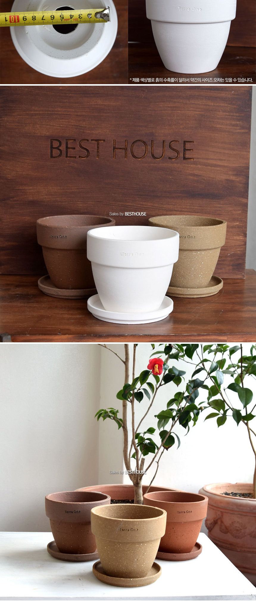 (D15 + 받침R14 (화이트빼고)) 3개셋 테라원 팽이 D15 15x13cm (3컬러 랜덤)/화분/정원용품/홈가드닝용품/
