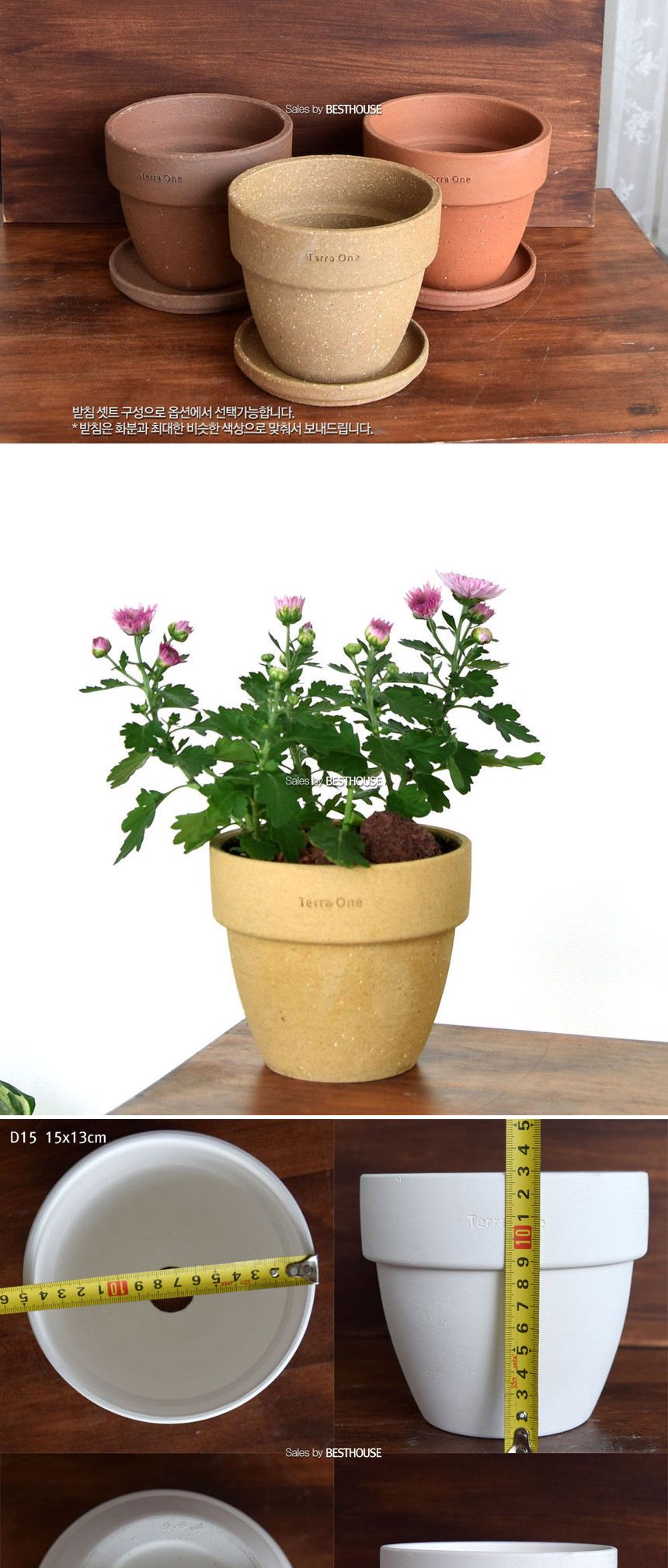 (D15 + 받침R14 (화이트빼고)) 3개셋 테라원 팽이 D15 15x13cm (3컬러 랜덤)/화분/정원용품/홈가드닝용품/