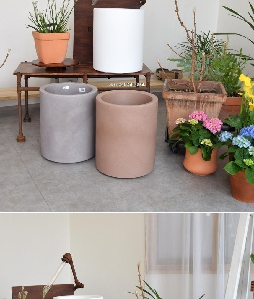 (물구멍타공(단순변심불가)-화이트) 이탈리아 니콜리 원통형 PE 대형화분.R5535 35x42cm/내추럴화분/내츄럴