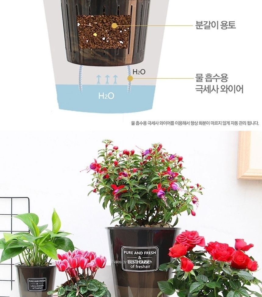 반투명 블랙 저면관수 플라스틱 화분 D18 18x18cm/화분/플라스틱화분/미니화분/원예용화분/가정용화분/급수