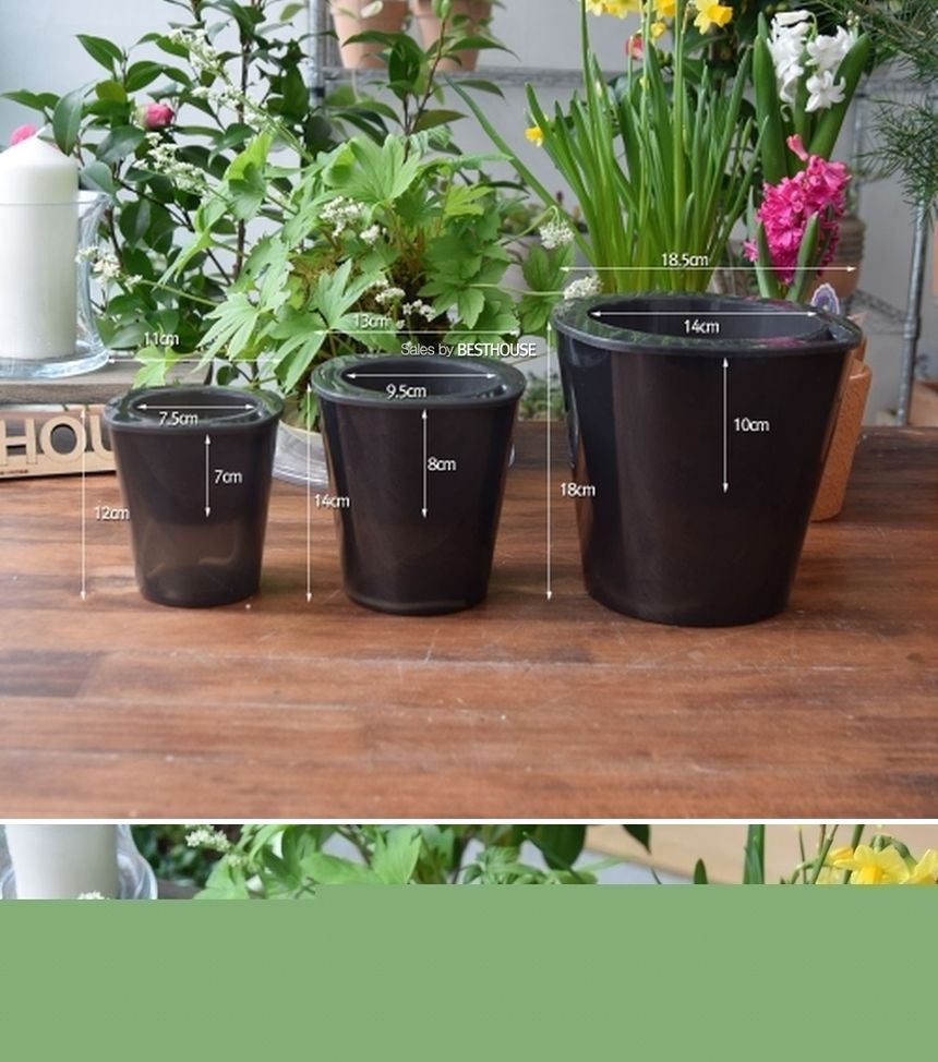 반투명 블랙 저면관수 플라스틱 화분 D18 18x18cm/화분/플라스틱화분/미니화분/원예용화분/가정용화분/급수