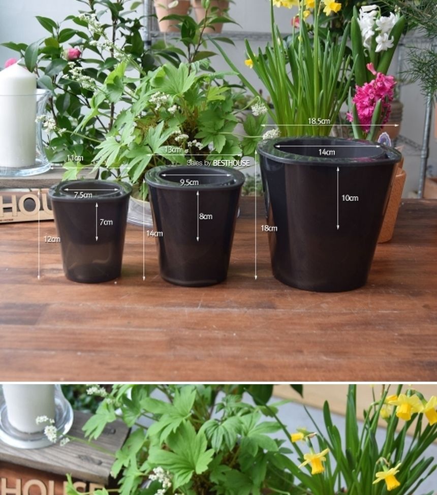 반투명 블랙 저면관수 플라스틱 화분 D13 13x14cm/저면관수화분/급수화분/자동급수화분/원형화분/인테리어